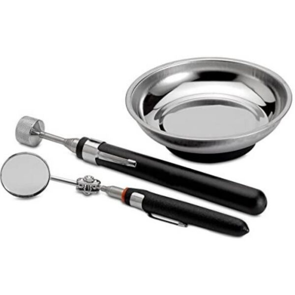 Katzco Magnetic Parts Trays - 3 Pack - Durable Holder with Pick-Up Tool and Telescoping Mirror for Garage, Mechanic, Home, Workshop, Construction Site