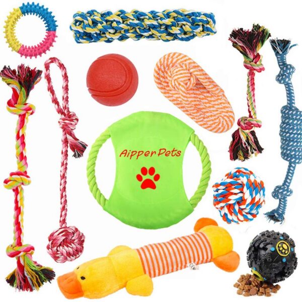 Aipper Dog Puppy Toys 12 Pack, Puppy Chew Toys for Playtime and Teeth Cleaning, IQ Treat Ball Squeak Toys and Dog Flying Disc Included, Puppy Teething Toys for Medium to Small Dogs, (Assorted Colors)